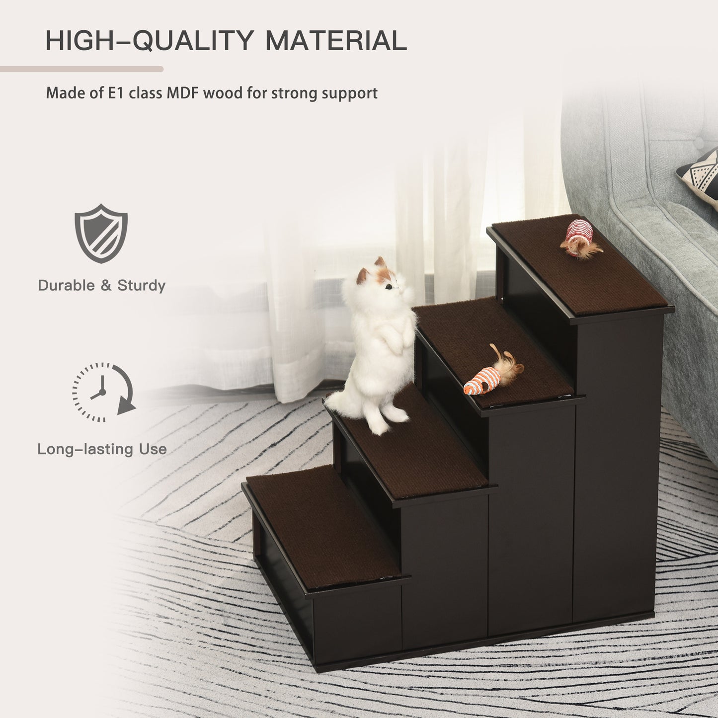 PawHut 4 Step Dog Steps for Bed, Wooden Dog Steps for Sofa, Pet Stairs for Bed Couch with Non-Slip Carpet for Cats and Puppies, 40 x 59 x 54.2 cm, Dark brown