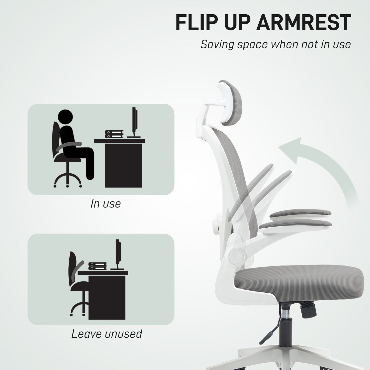 HOMCOM Executive Office Chair, Ergonomic Mesh High Back Desk Chair with Flip-up Armrest, Rotatable Headrest, Adjustable Lumbar Support for Home Study, Grey