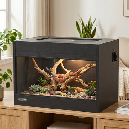 PawHut Reptile Terrarium, Reptile Vivarium with  Glass Doors, Secure Lock, Top Ventilation for Snake, Gecko, 60x45x45cm, Black