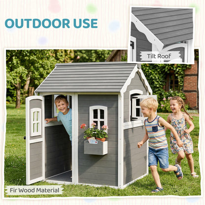 Outsunny Wooden Playhouse for Kids with Doors, Windows, Plant Box, Floors, for Ages 3-8 Years, for Gardens, Lawns, Patios - Grey