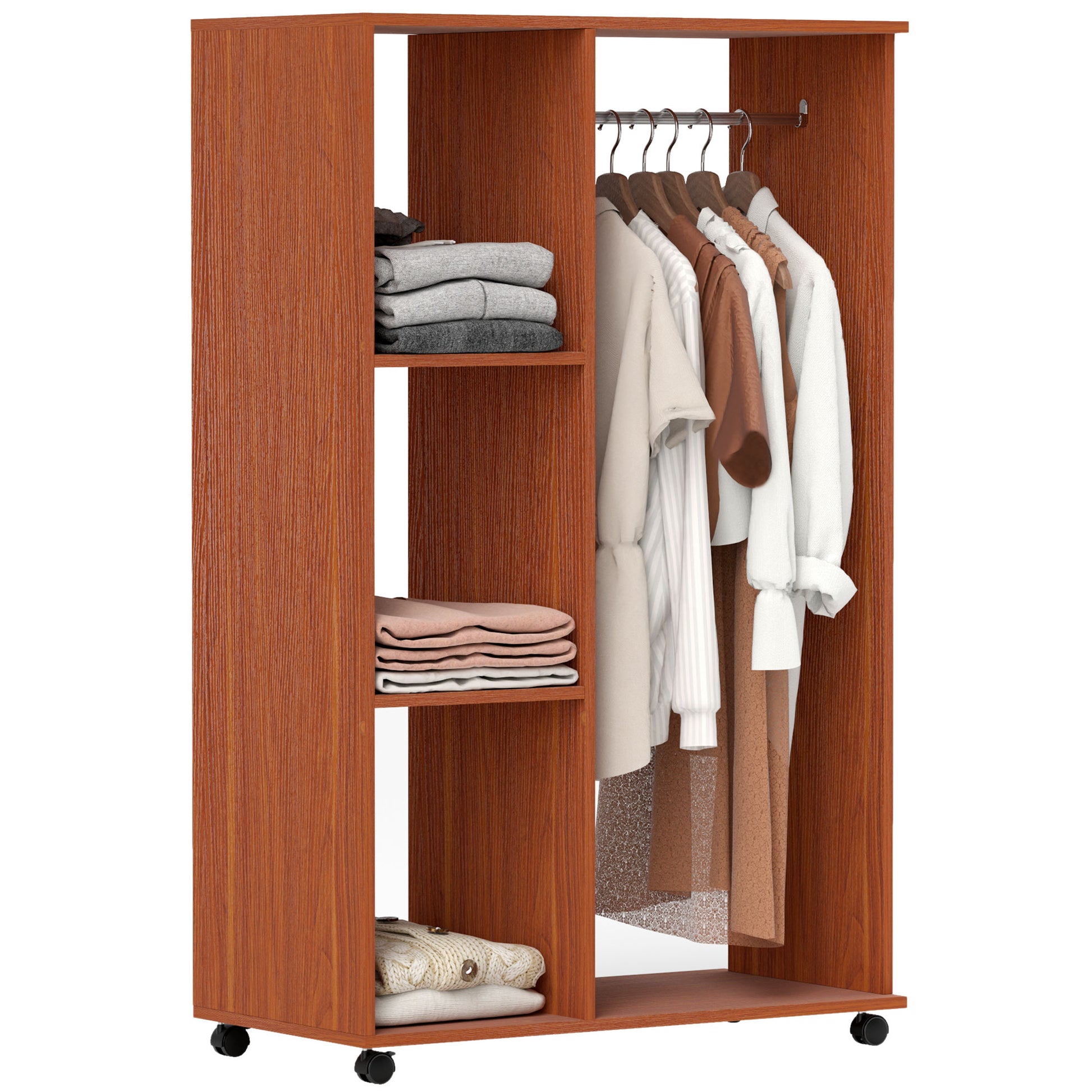 HOMCOM Open Wardrobe on Wheels, Bedroom Wardrobe with Clothes Hanging Rail, 3 Storage Shelves, Mobile Garment Rack for Cloakroom, Hallway, Walnut-Corner Wardrobes-ChewyGames-ChewyGames