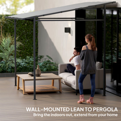Outsunny 2.4 x 2.4 m Wall Mounted Pergola Gazebo with PA Coating Fabric, Metal Frame, UPF30+, Lean to Garden Gazebo, Light Grey