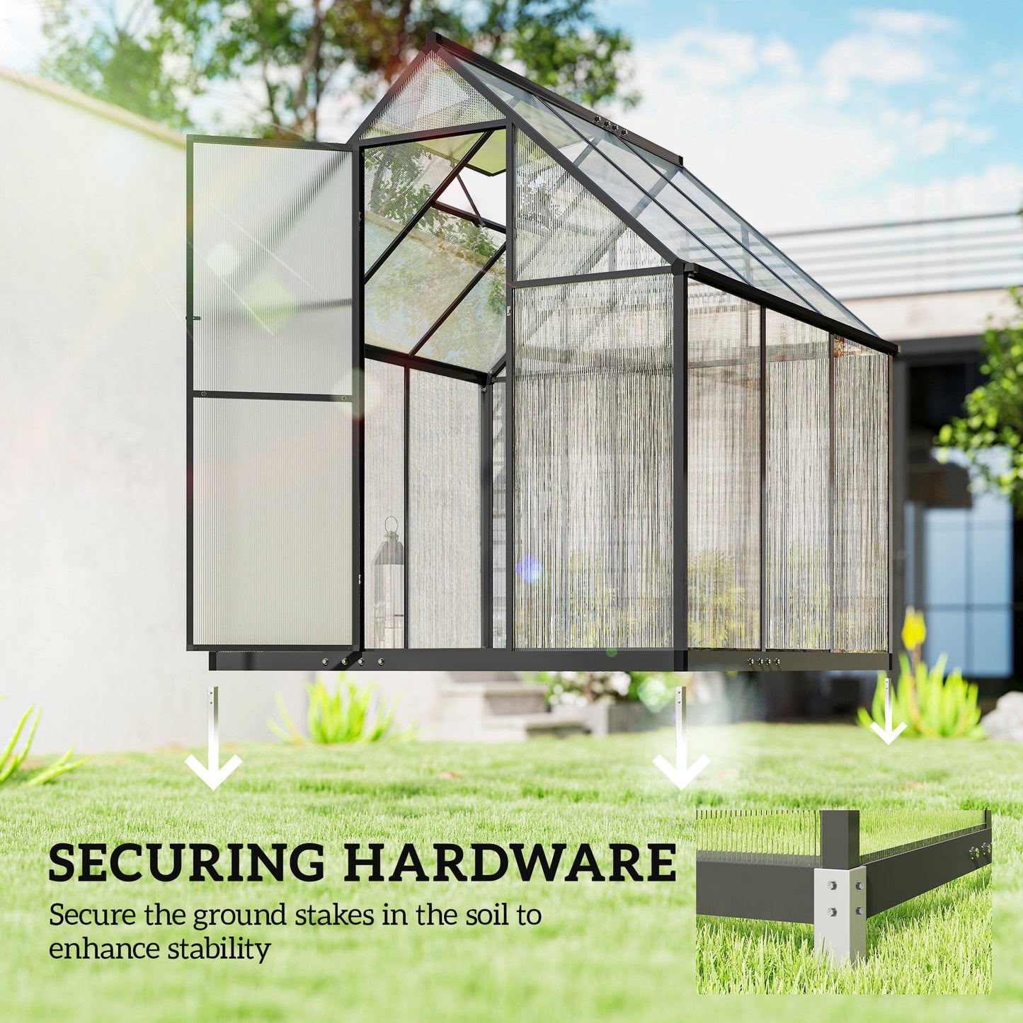 Outsunny Polycarbonate Greenhouse with Swing Door and Adjustable Window, Walk-in Greenhouse with Rain Gutter, 5.5 x 6ft, Black