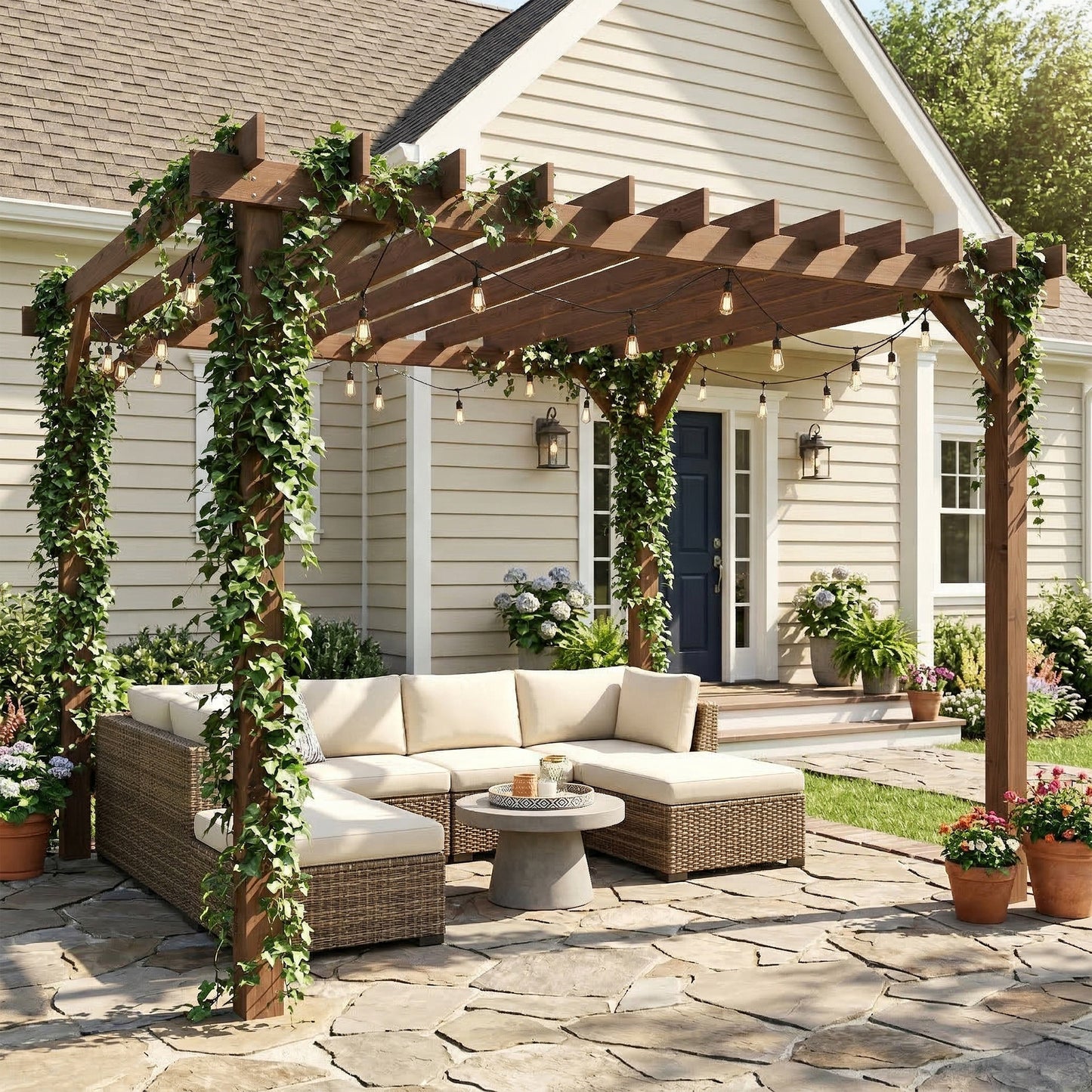 Outsunny 3 x 3 m Wooden Pergola Kit, Garden Pergola Gazebo Grape Trellis with Triangle Supports, Maple Wood-effect