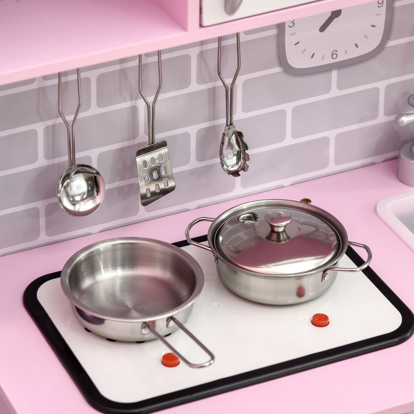 HOMCOM Kids Kitchen Playset, with Lights, Sounds, Microwave, Sink and Storage - Pink--ChewyGames-ChewyGames