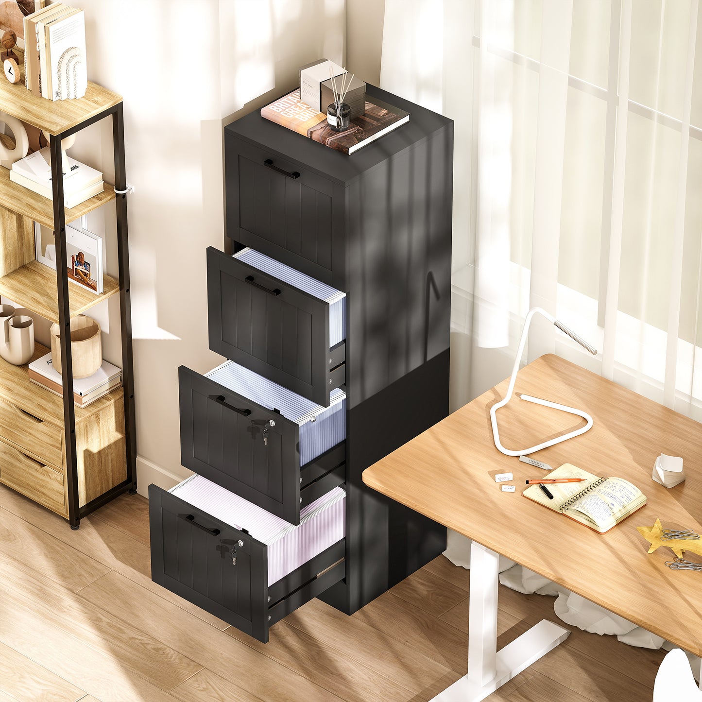 HOMCOM 4 Drawer Filing Cabinet with Lock, Office Storage Cabinet with Adjustable Hanging Bars for A4 Letter Size Files, Black
