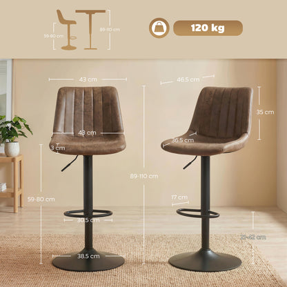 HOMCOM Breakfast Bar Stools Set of 2, 59-80cm Sitting Hight Leather Upholstered Bar Chairs - Brown