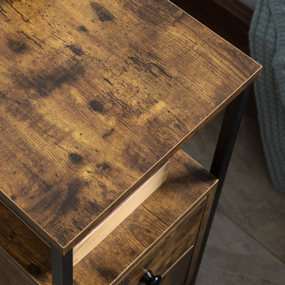 HOMCOM Set of 2 Side Table, Narrow Bedside Table with 2 Drawers and Storage Shelf, Industrial End Table with Metal Frame for Small Spaces, Rustic Brown