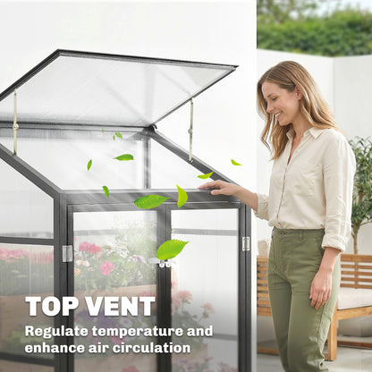 Outsunny Polycarbonate Greenhouse with Hinged Door, Top Vent, Lean-to Green House, Walk-in Greenhouse, 4 x 2ft, Black