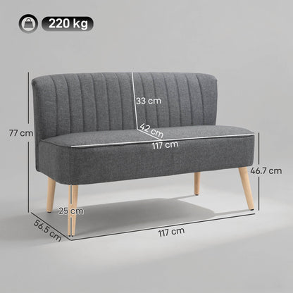 HOMCOM 117cm Loveseat Sofa Upholstered Small 2 Seater Sofa with Thick Padded Seat and Rubber Wood Legs, Grey