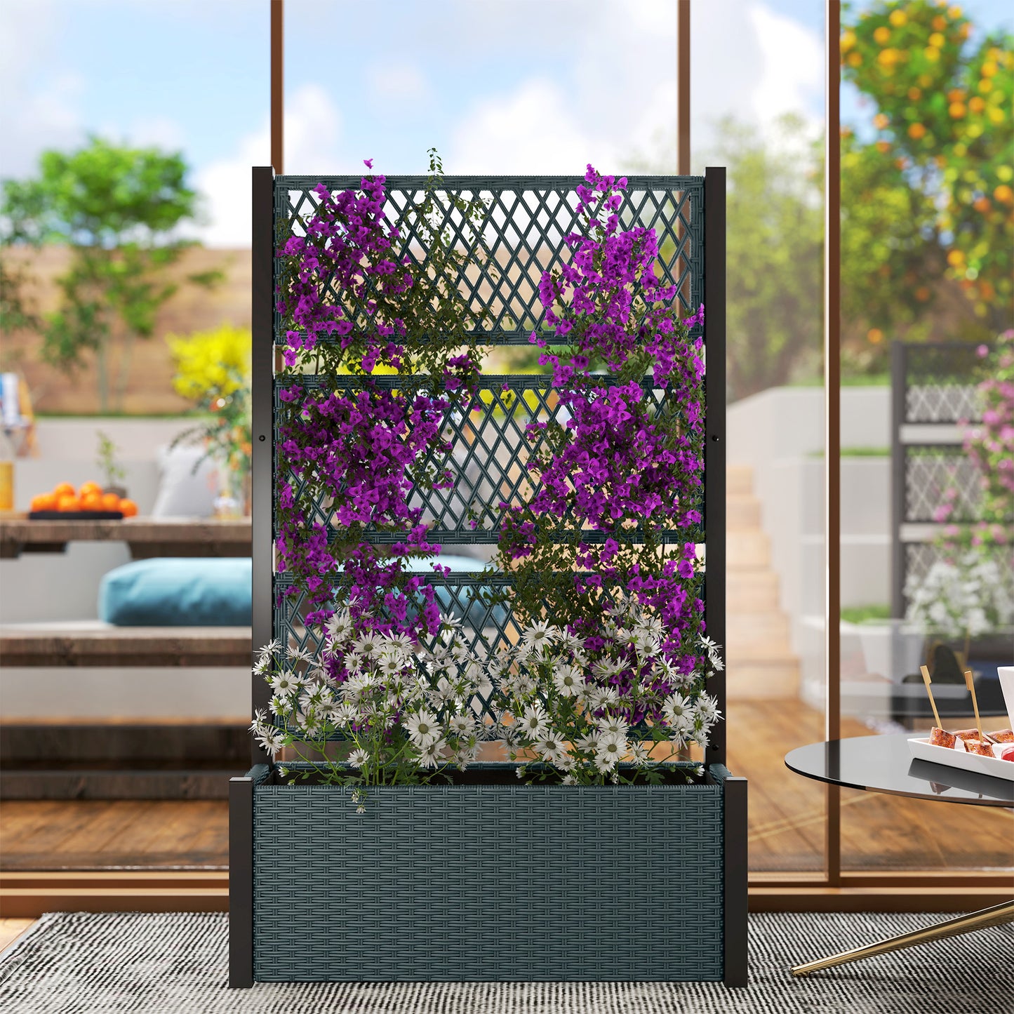 Outsunny Garden Planter Box with Trellis, Liner for Climbing Plants, Vegetables, Flowers, 90 x 35 x 148 cm, Charcoal Grey