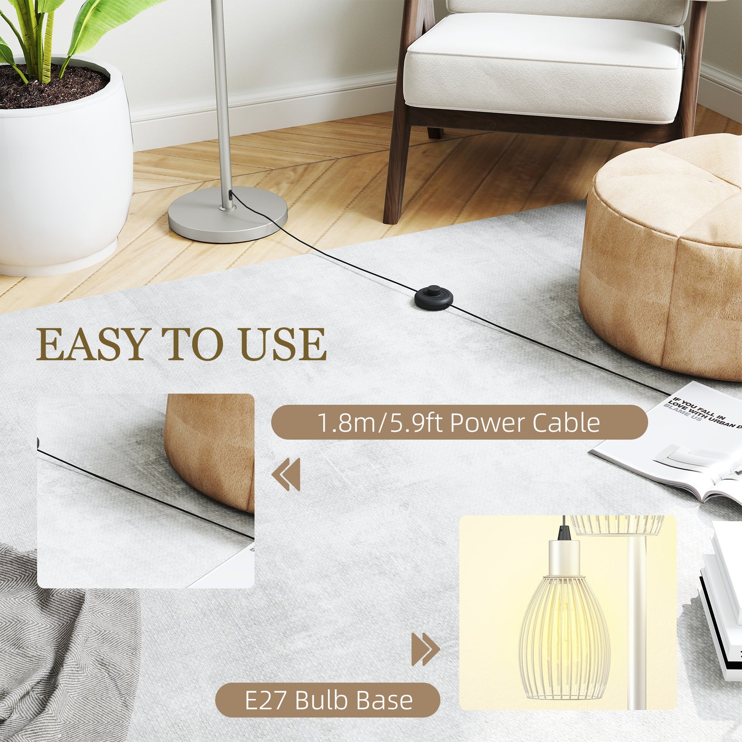 HOMCOM 3-Light Floor Lamp, 170cm Industrial Dimmable Standing Lamp with Steel Wire Cage Lampshades for Living Room, Bedroom, Dining Room, Study, Bulb Not Included, Silver Tone