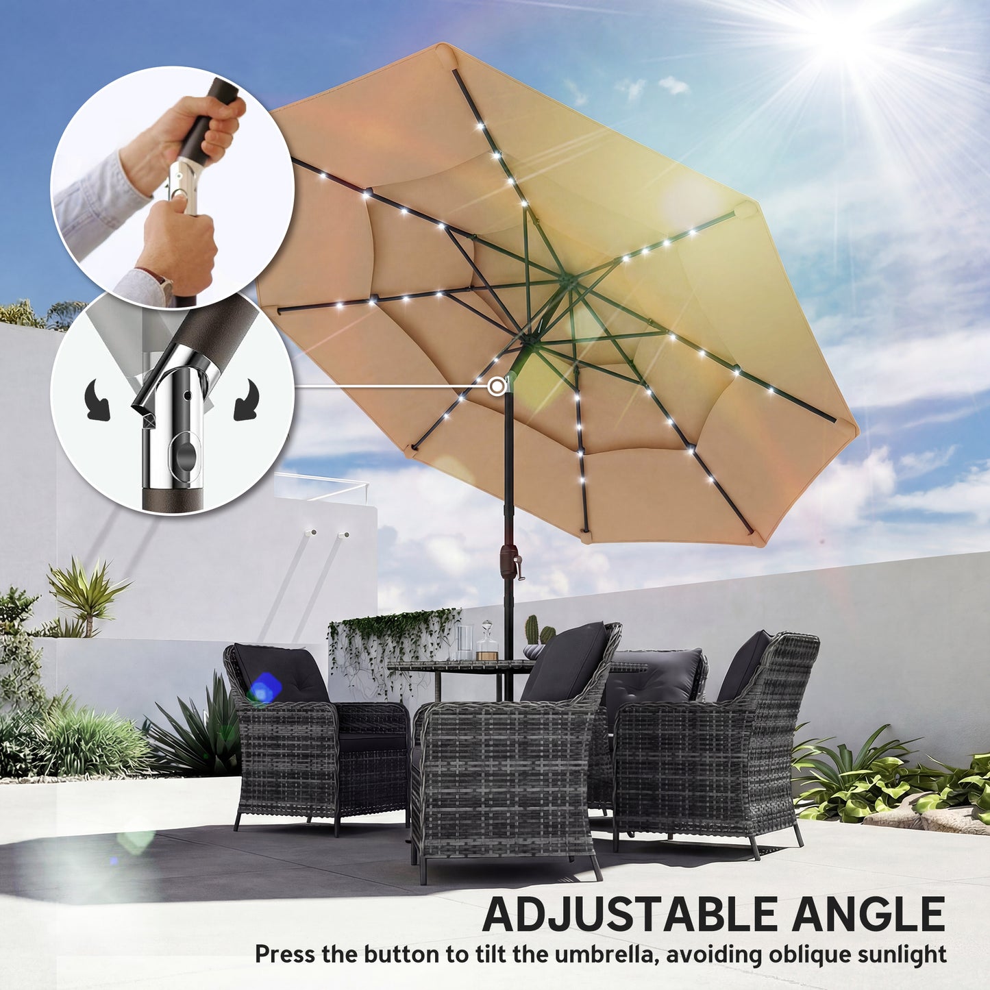 Outsunny 2.8 m Garden Parasol Umbrella with LED Solar Light, Parasol Cover, 3 Tier Outdoor Table Market Patio Umbrella, Khaki