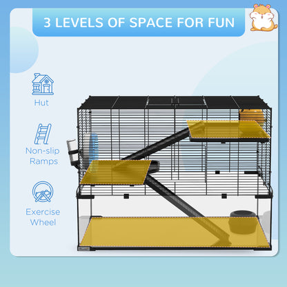 PawHut 3 Tiers Hamster Cage, Gerbil Cage with Deep Glass Bottom, Non-Slip Ramps, Platforms, Hut, Exercise Wheels, Water Bottle, Dish, for Syrian Hamster, Dwarf Hamster, 76.5 x 48.5 x 54.5cm