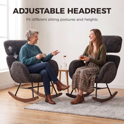 HOMCOM Upholstered Rocking Chair Adjustable Headrest Rocker Chair Raindrop Velvet Rubberwood Base Dark Grey