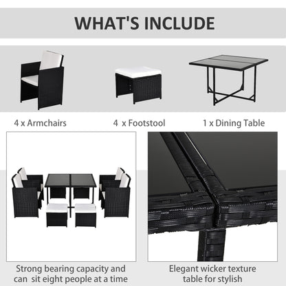 Outsunny 9 Piece Rattan Cube Garden Furniture Dining Set with Armchairs, Footstools and Glass-Top Table, Black