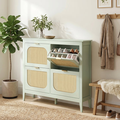 HOMCOM Narrow Shoe Cabinet, Boho Slim Shoe Storage Cabinet with 4 Flip Drawers, Holds 20 Pairs, Light Green