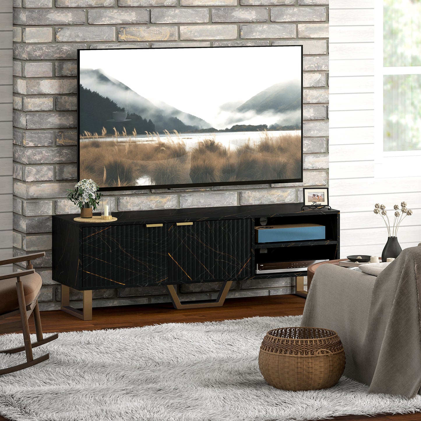 HOMCOM Marble Effect TV Unit, TV Stand Cabinet for up to 70" TVs, Modern TV Cabinet with Shelves and Storage Cupboard, Fluted Door, Extra Centre Leg, Cable Management for Living Room, Black