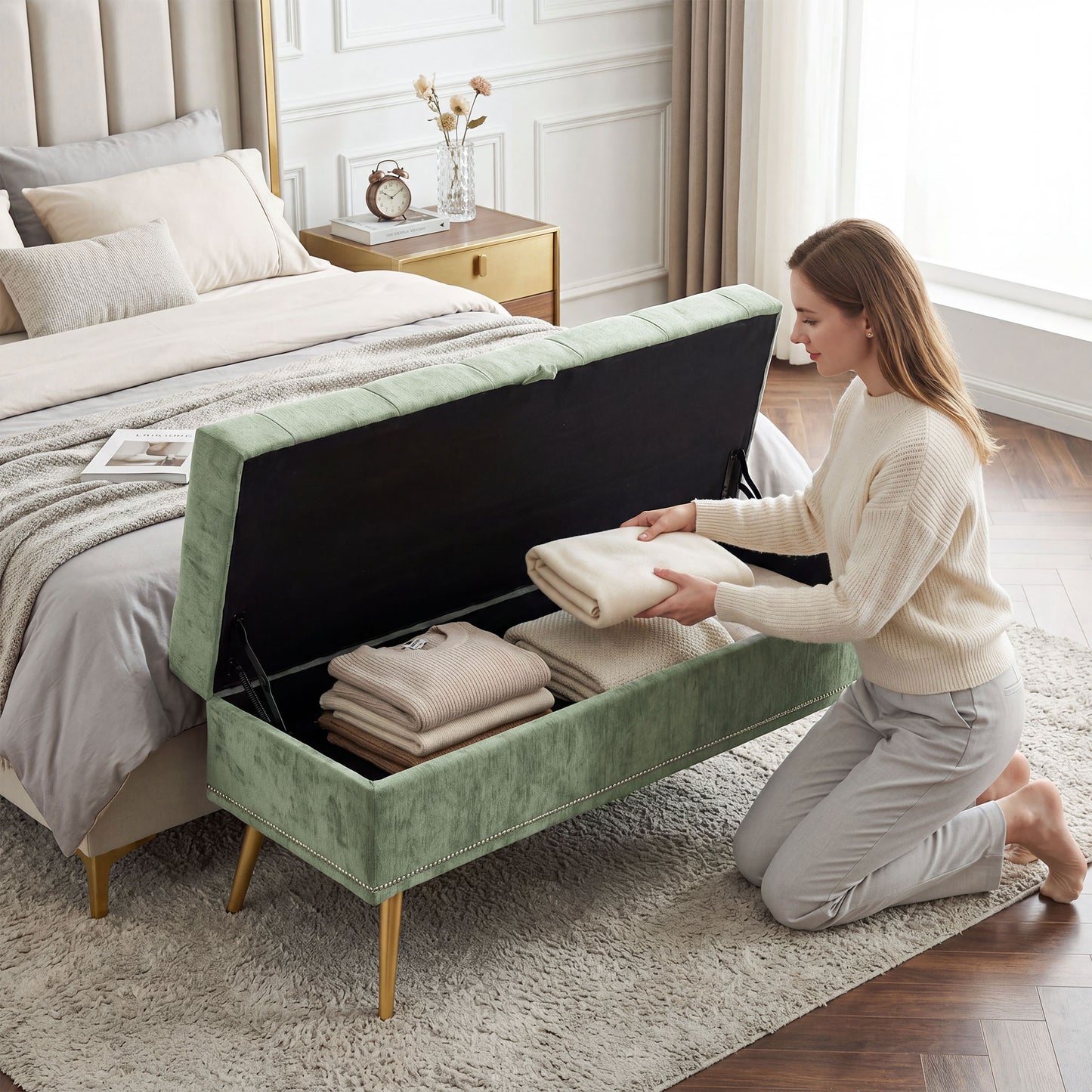 HOMCOM Storage Ottoman, Chenille Upholstered Ottoman Storage Box with Padded Seat, Metal Legs, 114 x 41 x 45 cm, Light Green