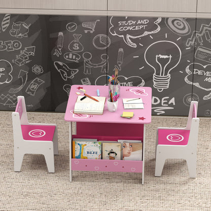 AIYAPLAY 3 Pieces Kids Table and Chair Set, Toddler Activity Table with Bookshelves, for Living Room, Nursery, Playroom, Pink