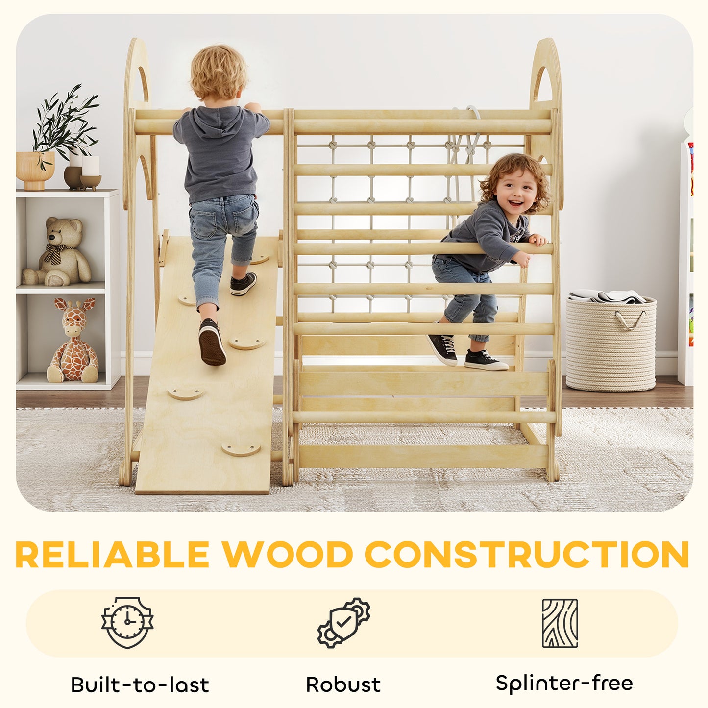 AIYAPLAY 6 in 1 Kids Climbing Frame with Slide, Monkey Bars, Gymnastics Rings, Ladder, Climbing Net, for 3-6 Years, Natural Tone--ChewyGames-ChewyGames