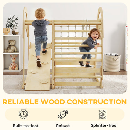 AIYAPLAY 6 in 1 Kids Climbing Frame with Slide, Monkey Bars, Gymnastics Rings, Ladder, Climbing Net, for 3-6 Years, Natural Tone--ChewyGames-ChewyGames
