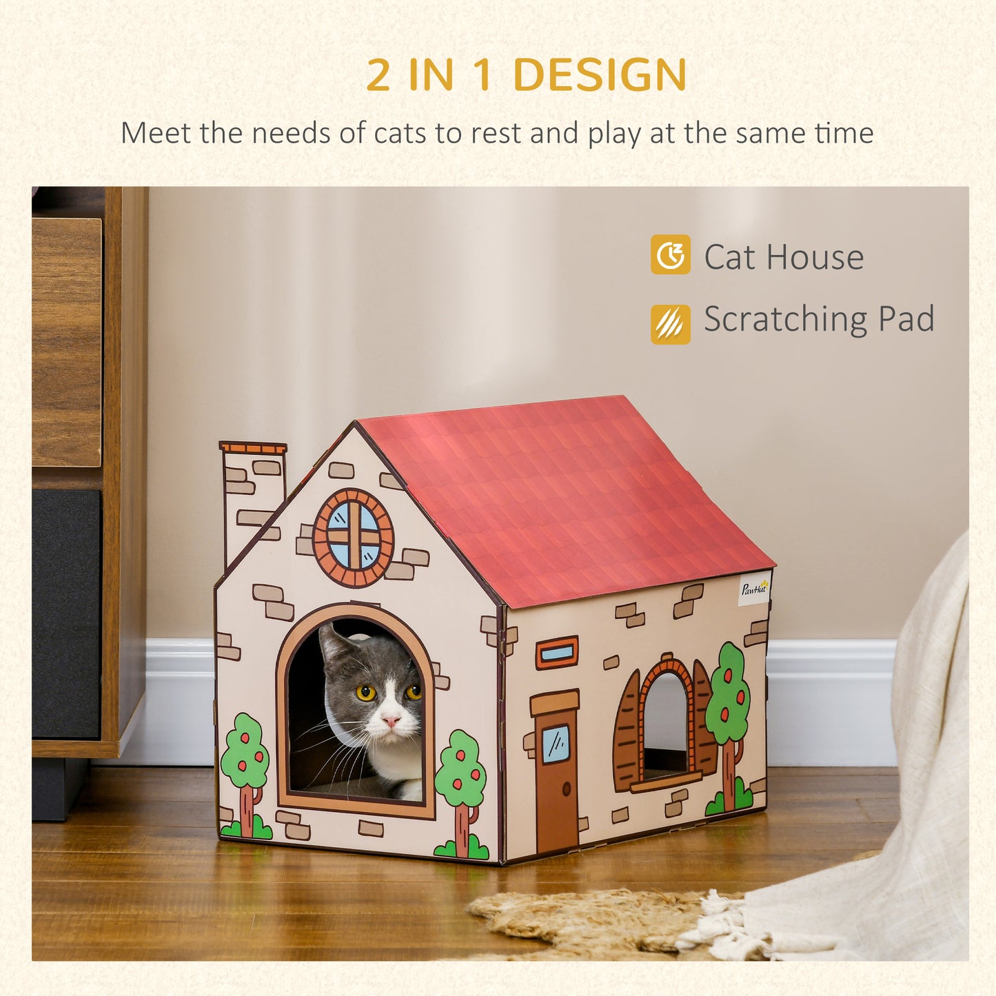 PawHut Two-In-One Cat House, Cat Scratching Board with Scratcher, Catnip, Cat Cardboard Scratcher for Indoor Cats--ChewyGames-ChewyGames