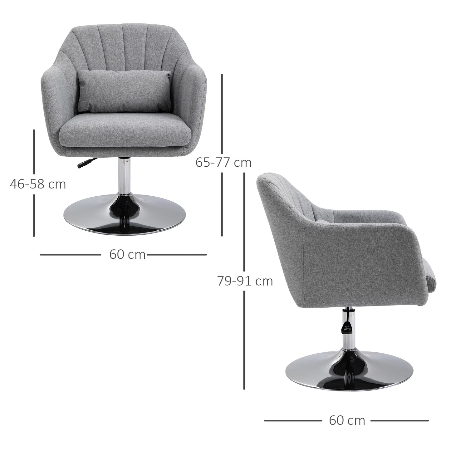 HOMCOM Swivel Accent Chair, Linen Fabric Tub Vanity Chair, Modern Armchair with Adjustable Height and Lumbar Support for Living Room Bedroom Salon Make up Room Dressing Table, Light Grey