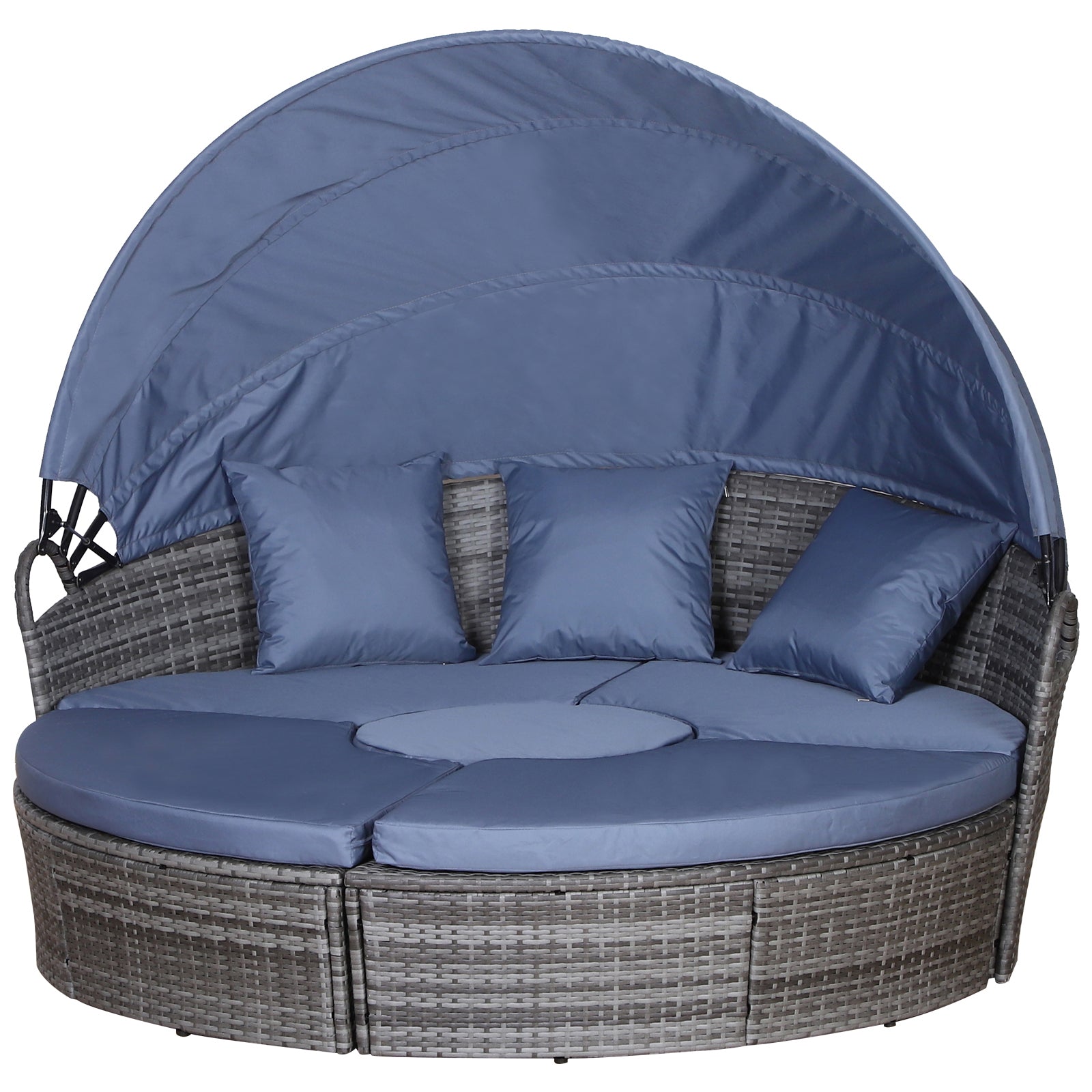 Outsunny Outdoor PE Rattan Garden Furniture with Cushioned, Patio Wicker Conversation Furniture Set, Round Daybed with Retractable Canopy, Coffee Table and Three Pillows, Grey/Blue Grey--ChewyGames-ChewyGames
