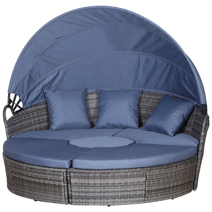Outsunny Outdoor PE Rattan Garden Furniture with Cushioned, Patio Wicker Conversation Furniture Set, Round Daybed with Retractable Canopy, Coffee Table and Three Pillows, Grey/Blue Grey--ChewyGames-ChewyGames
