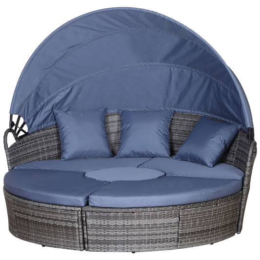 Outsunny Outdoor PE Rattan Garden Furniture with Cushioned, Patio Wicker Conversation Furniture Set, Round Daybed with Retractable Canopy, Coffee Table and Three Pillows, Grey/Blue Grey--ChewyGames-ChewyGames