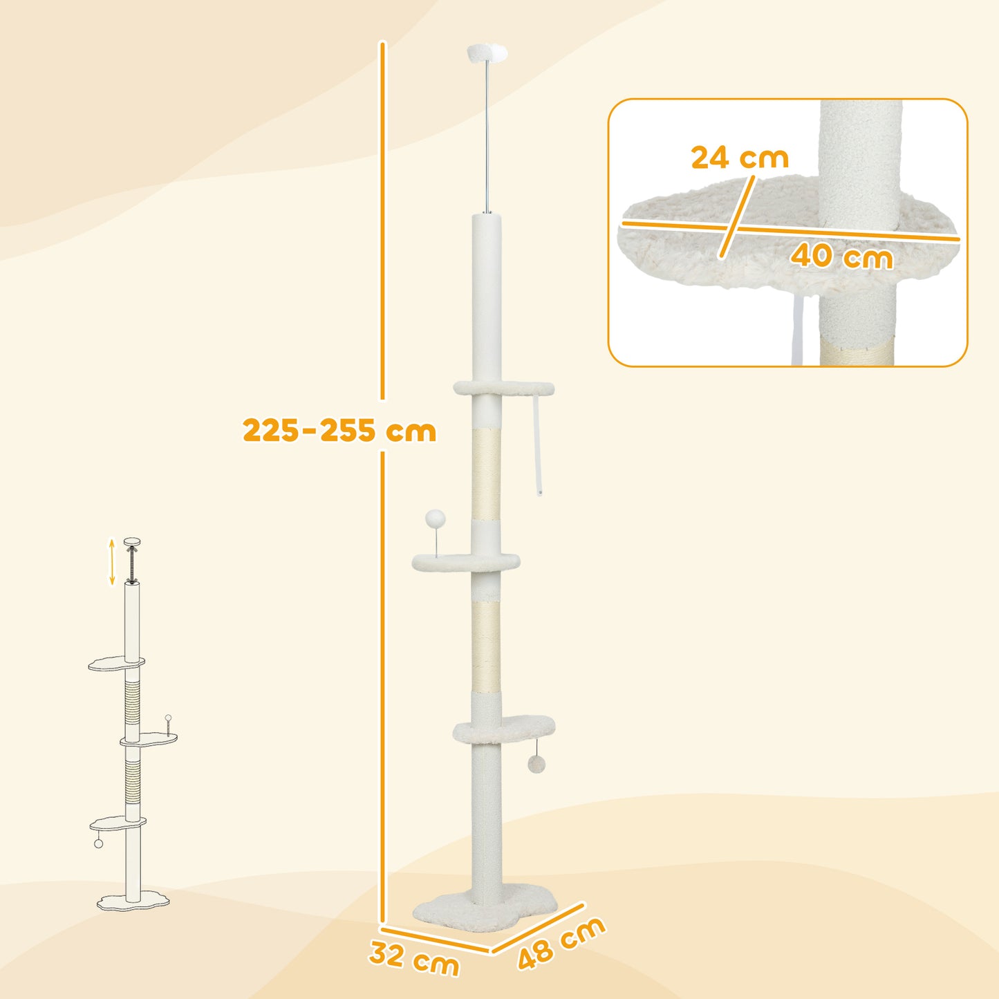 PawHut 225-255 cm Adjustable Cat Climbing Tower with Sisal Scratching Posts, 2 Hanging Play Balls and Anti-Tip Strap, Beige