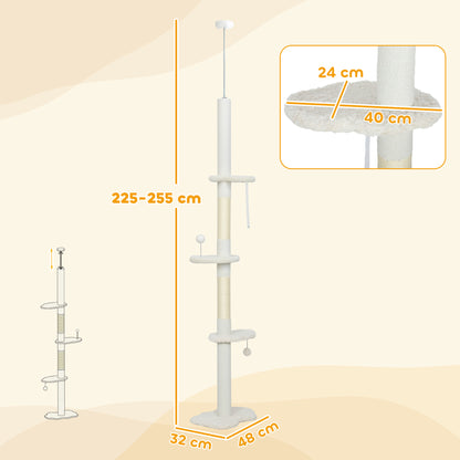 PawHut 225-255 cm Adjustable Cat Climbing Tower with Sisal Scratching Posts, 2 Hanging Play Balls and Anti-Tip Strap, Beige