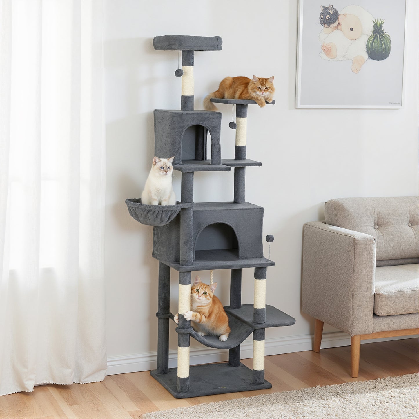 PawHut 202cm Large Cat Tree with 6 Scratching Posts, 2 Hammocks, 2 Condos, 2 Perches, Pompoms, for Indoor Cats to Rest and Play--ChewyGames-ChewyGames