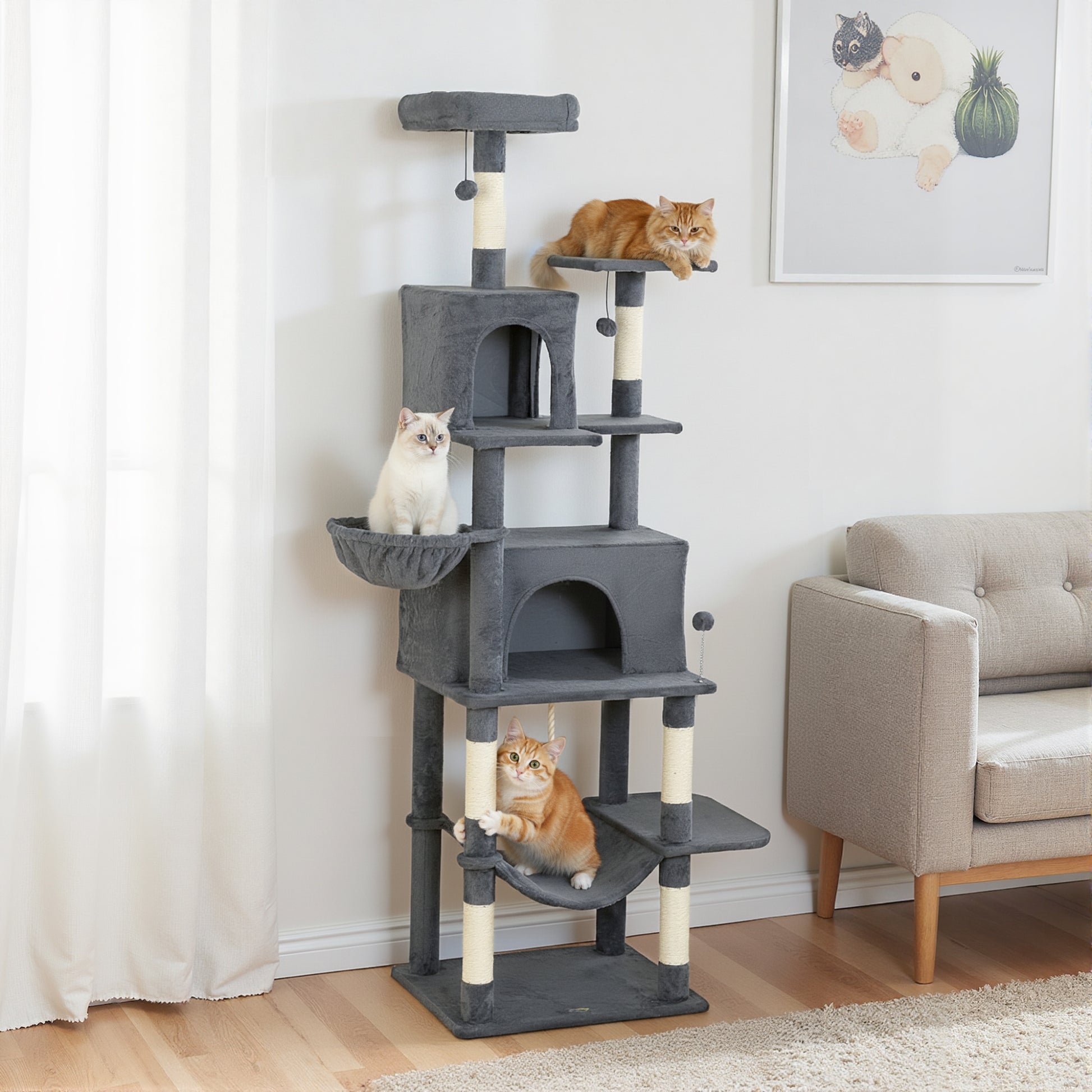 PawHut 202cm Large Cat Tree with 6 Scratching Posts, 2 Hammocks, 2 Condos, 2 Perches, Pompoms, for Indoor Cats to Rest and Play--ChewyGames-ChewyGames