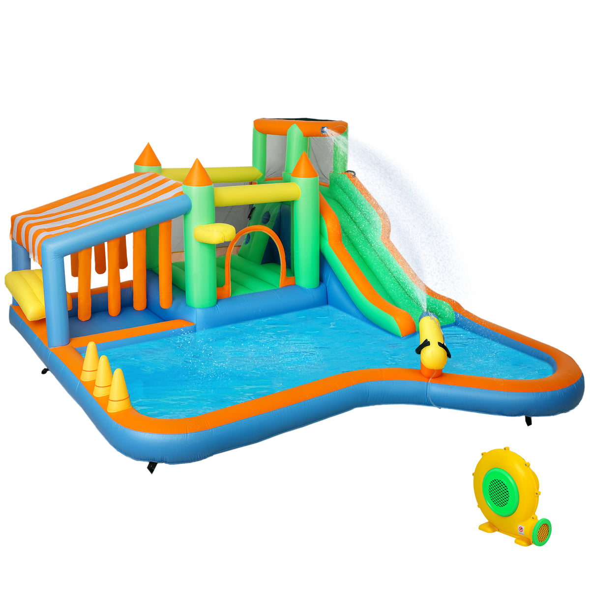 AIYAPLAY 8 in 1 Inflatable Bounce House with 550W Blower, Slide, 2 Pools, Basketball Hoop, Climbing Wall, Water Gun, Ring Toss