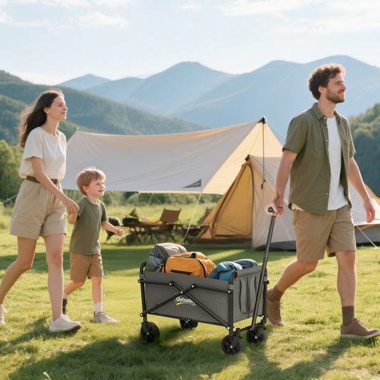 Outsunny 41L Festival Trolley on Wheels, Compact Garden Folding Trolley Cart, 60kg Heavy Duty Collapsible Foldable Wagon with Adjustable Handle and Carrying Bag for Beach, Camping, Festival, Grey