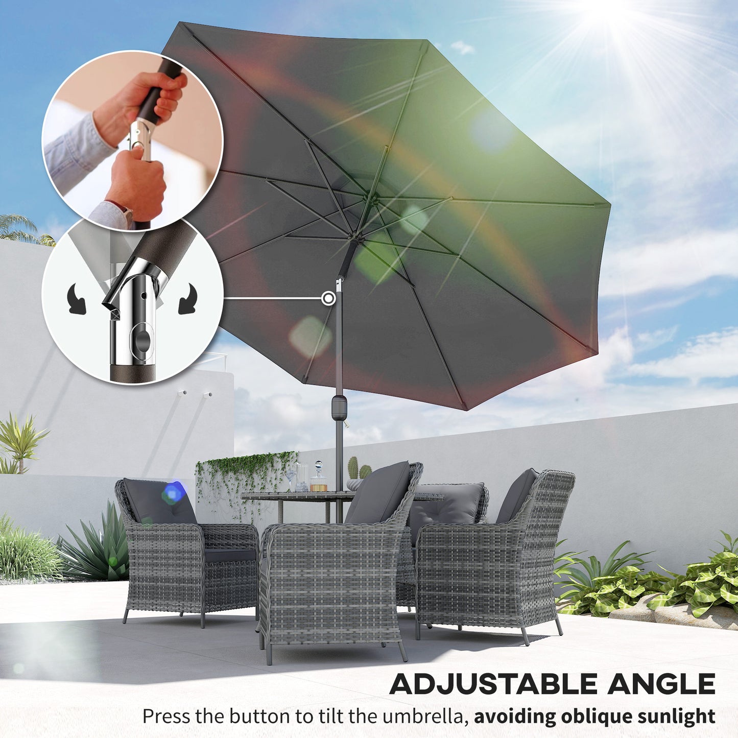 Outsunny 3(m) Tilting Parasol Garden Umbrellas, Outdoor Sun Shade with 8 Ribs, Tilt and Crank Handle for Balcony, Bench, Garden, Dark Grey