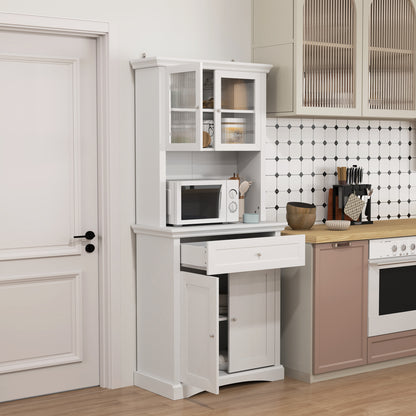 HOMCOM 4-Door Kitchen Cupboard with Drawer, Freestanding Kitchen Cabinet with Glass Doors, Adjustable Shelves and Open Counter, White