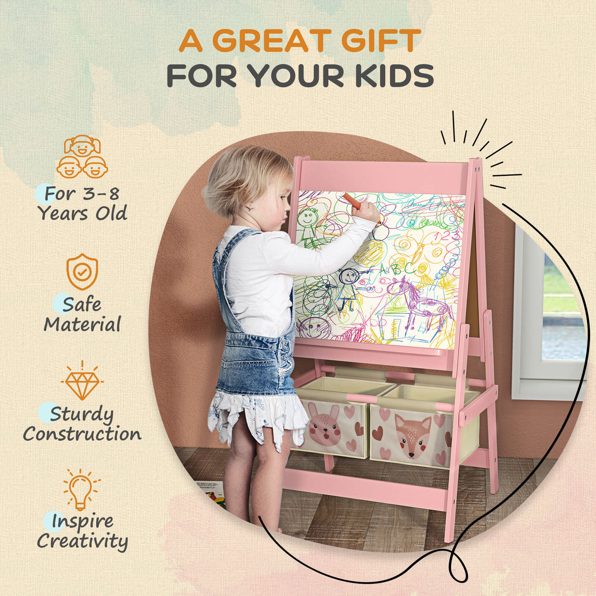 AIYAPLAY Three-In-One Kids Easel with Paper Roll, Art Easel, with Storage - Pink--ChewyGames-AIYAPLAY