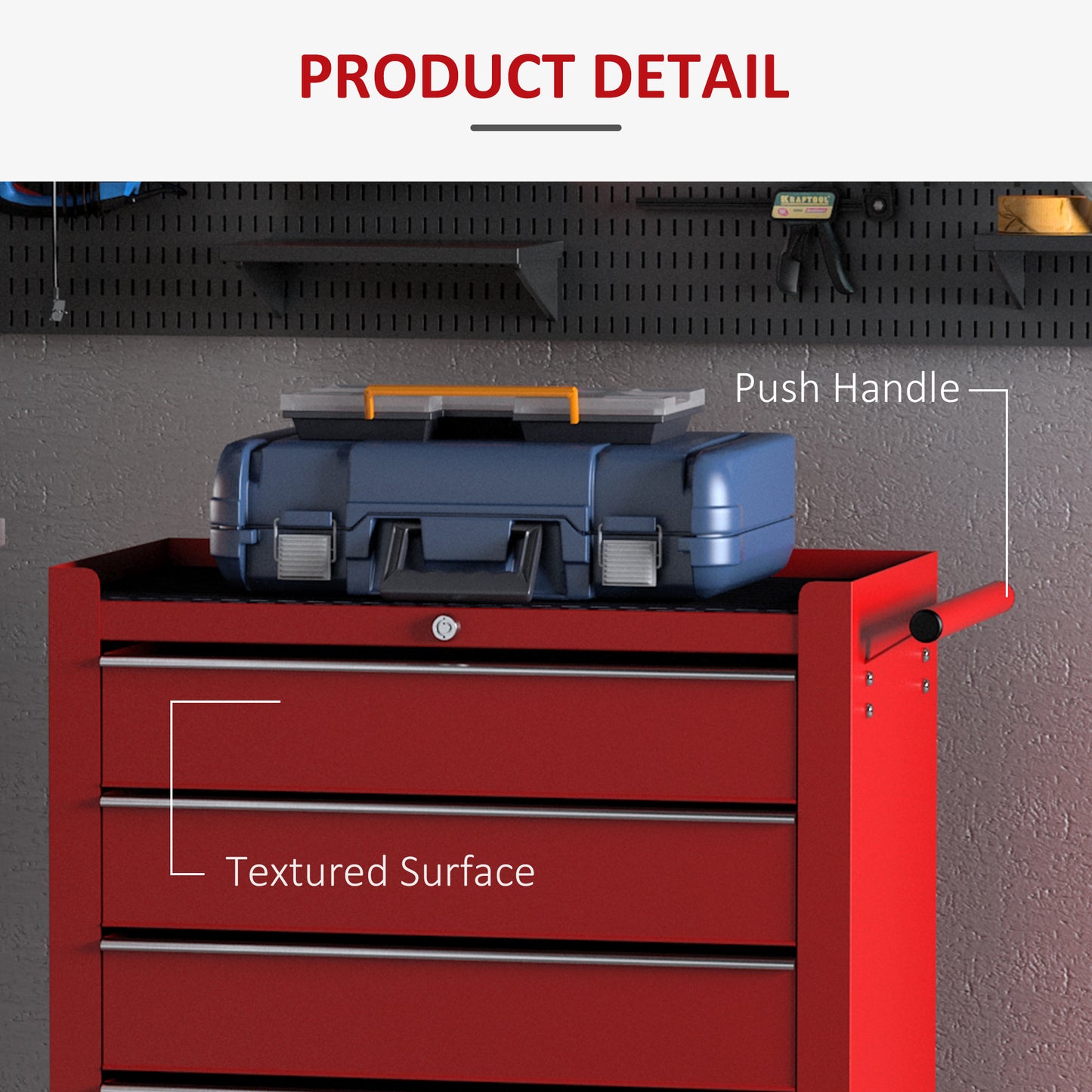 HOMCOM 5 Drawer Tool Box on Wheels, Lockable Steel Tool Cabinet with Side Handle, Red