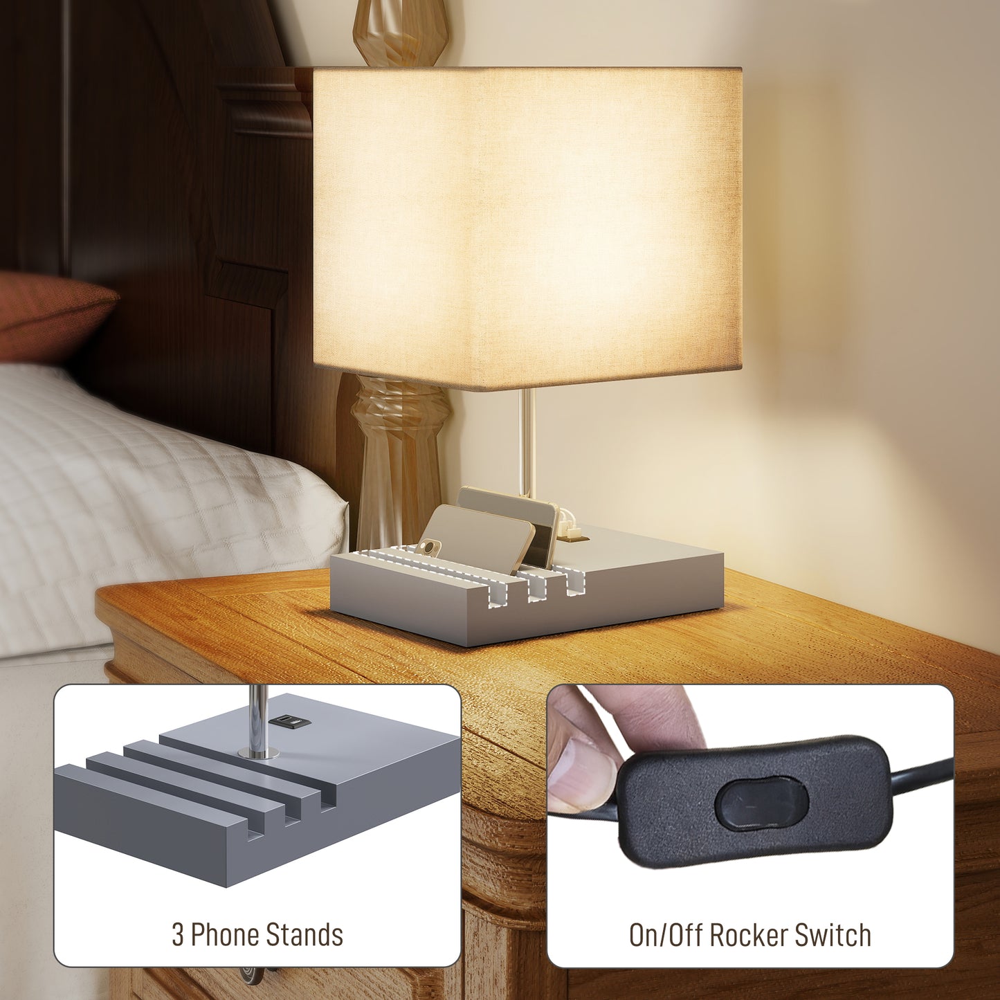 HOMCOM Bedside Lamp with USB A+C Charging Ports and 3 Phone Stands, Modern Table Lamp with Solid Wood Base and Fabric Shade for Bedroom Living Room Office, E27 Socket, Bulb Not Included, Grey--ChewyGames-ChewyGames
