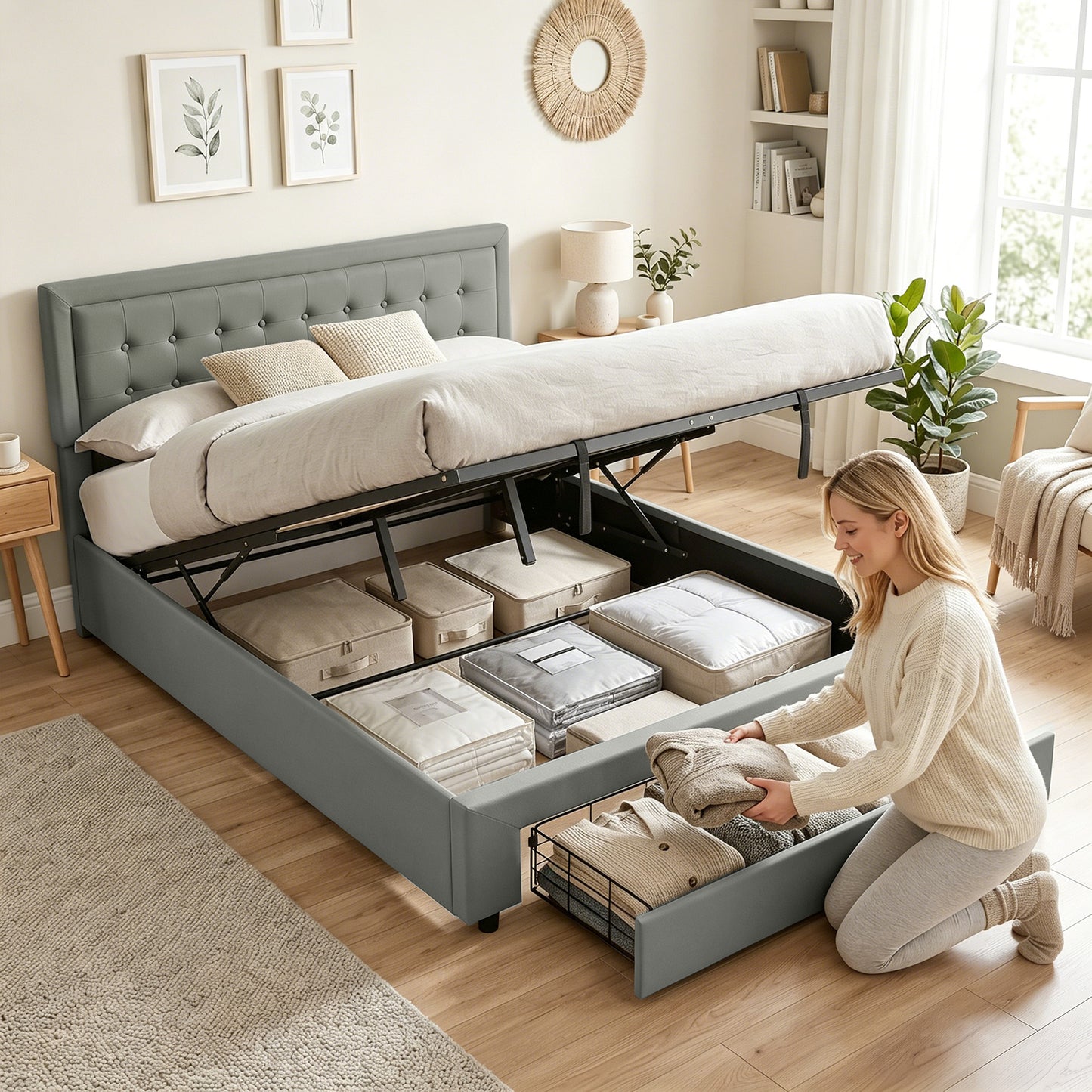 HOMCOM PU Leather King Size Ottoman Bed Frame, with Front Drawer - Grey