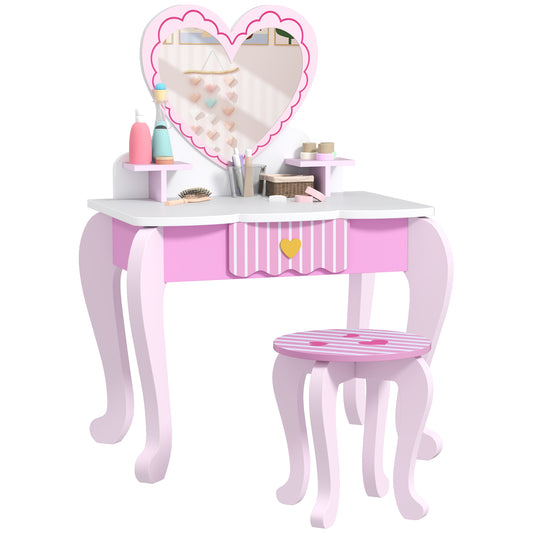 AIYAPLAY Kids Dressing Table Set, Vanity Table with Stool, Mirror, Drawer, Desktop Storage, Heart Theme, Pink-Bedroom Vanities-ChewyGames-ChewyGames