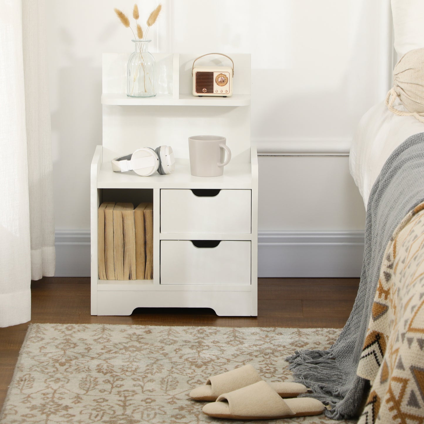 HOMCOM Bedside Table, Small Bedside Cabinet with 2 Drawers and Storage Shelves, Modern Nightstand for Bedroom, White