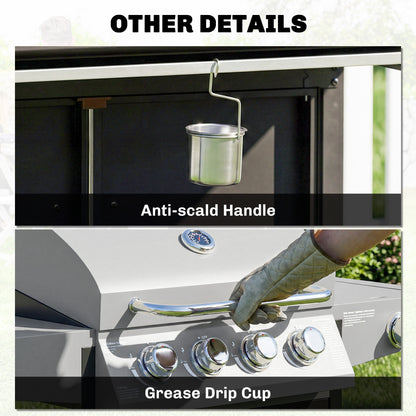 Outsunny 4+1 Burner Gas BBQ Grill with Side Burner, 14.5 kW Steel Portable Gas Barbecue Grill with Built-in Thermometer, Lid