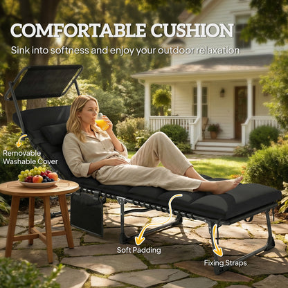 Outsunny Folding Sun Lounger with Canopy, Reclining Sunbed with Cushion, Side Pocket, Carrying Handle, Black