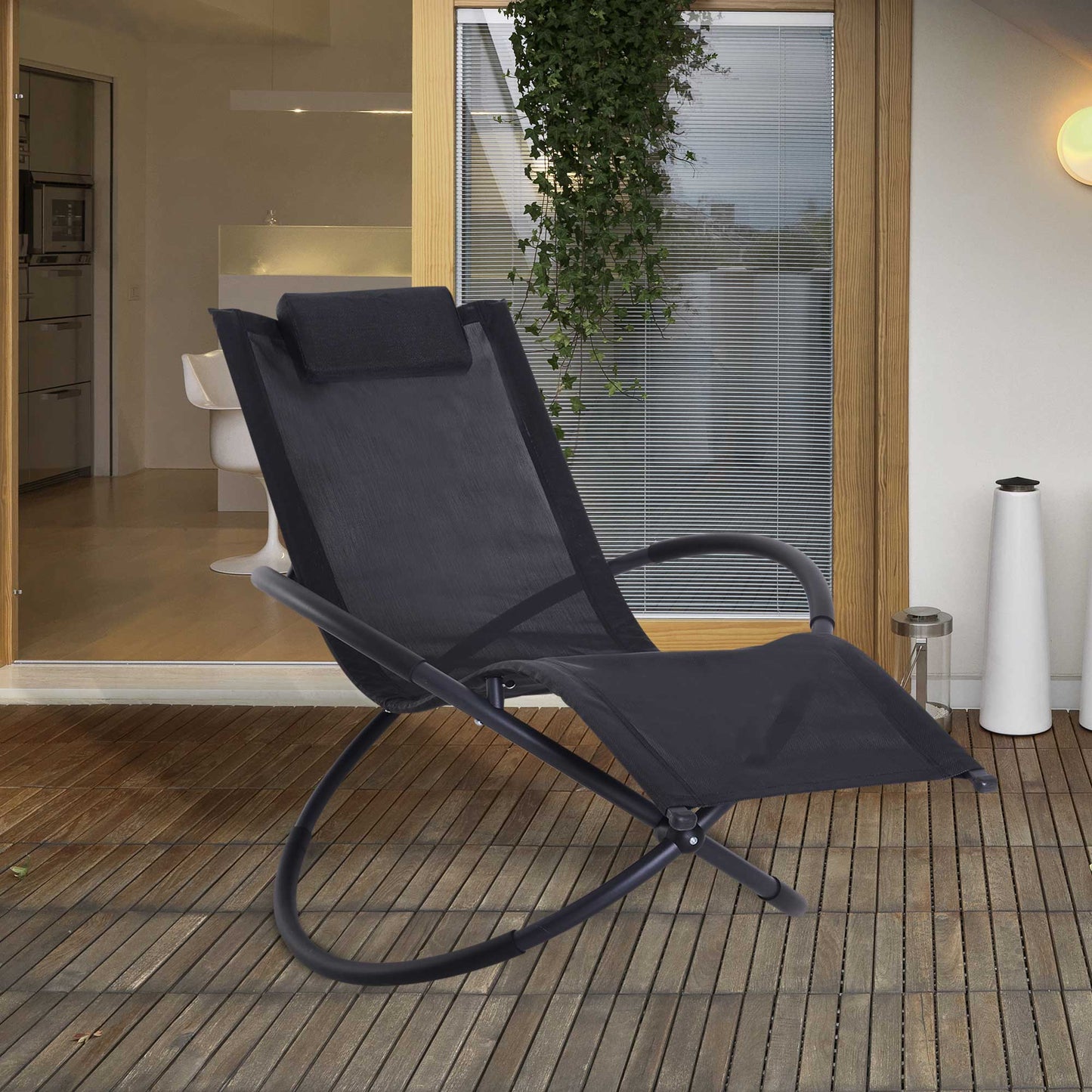 Outsunny Outdoor Orbital Lounger Zero Gravity Patio Chaise Foldable Rocking Chair w/ Pillow Black--ChewyGames-ChewyGames