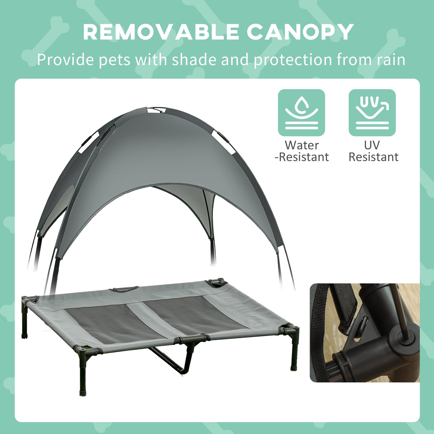 PawHut Outdoor Dog Bed with Removable Canopy, Portable Raised Dog Bed for Camping, Garden & Beach, Water-Resistant UV-Protection Mesh Pet Cot Sun Lounger, for Large Pets, 92 x 76 x 90 cm, Grey--ChewyGames-ChewyGames