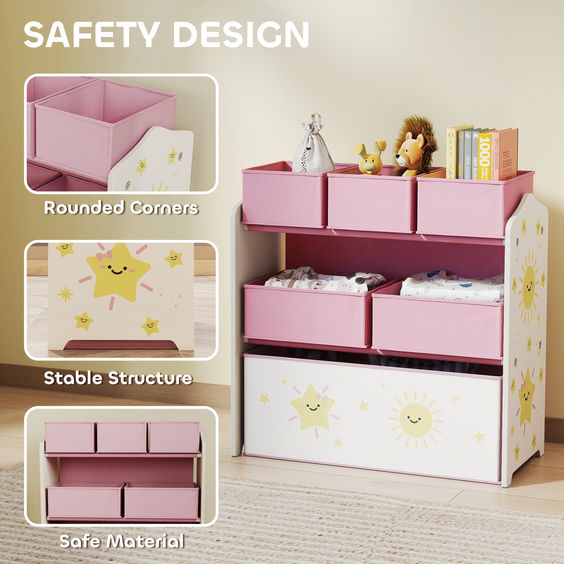 AIYAPLAY Kids Toy Storage Units, 3-Tier Toy Organiser Shelf with 6 Removable Boxes for Kids, Bedroom, Playroom, Pink--ChewyGames-ChewyGames